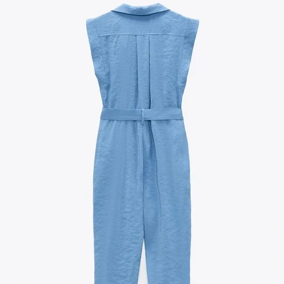 NWT Zara blue short sleeve buttoned up jumpsuit with a tie - Picture 7 of 15